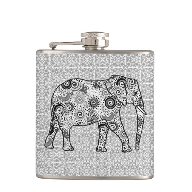 Fractal swirl elephant - grey, black and white hip flask (Front)