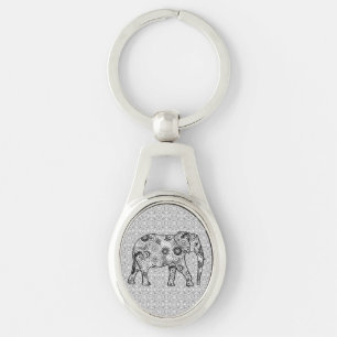 Fractal swirl elephant - grey, black and white key ring