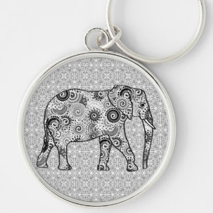 Fractal swirl elephant - grey, black and white key ring