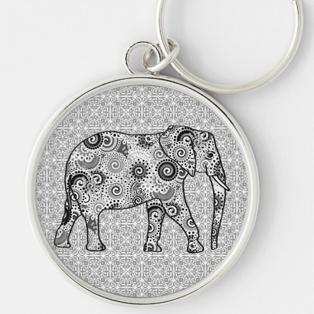 Fractal swirl elephant - grey, black and white key ring (Front)