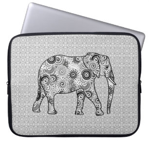Fractal swirl elephant - grey, black and white laptop sleeve