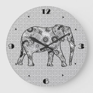 Fractal swirl elephant - grey, black and white large clock