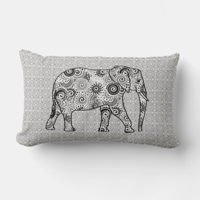 Fractal swirl elephant - grey, black and white lumbar cushion (Front)