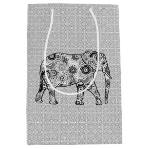 Fractal Swirl Elephant, Grey, Black and White Medium Gift Bag