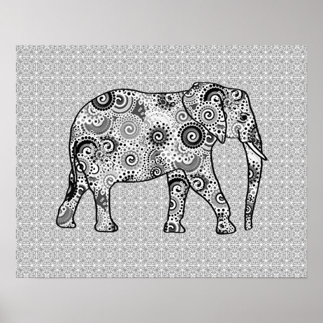 Fractal swirl elephant - grey, black and white poster (Front)