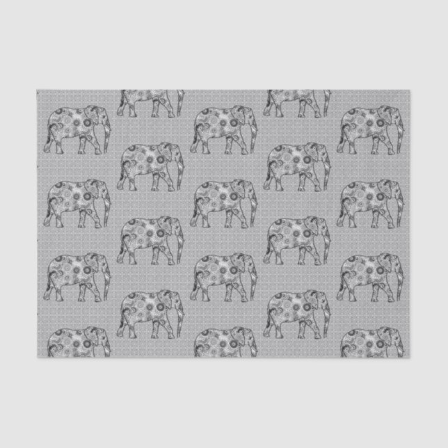 Fractal Swirl Elephant, Grey, Black and White Tissue Paper (Front)