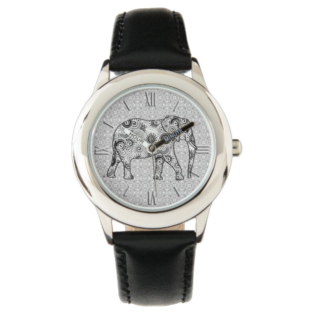 Fractal swirl elephant - grey, black and white watch (Front)