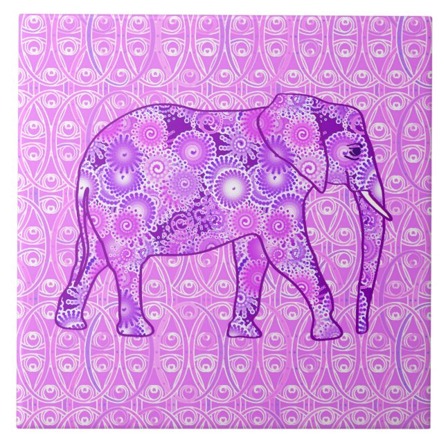 Fractal swirl elephant - purple and orchid ceramic tile (Front)