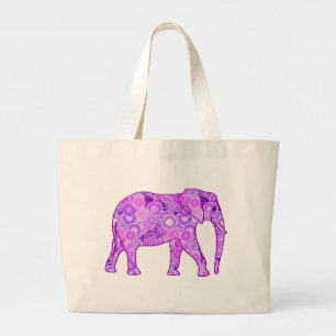 Fractal swirl elephant - purple and orchid large tote bag