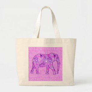 Fractal swirl elephant - purple and orchid large tote bag
