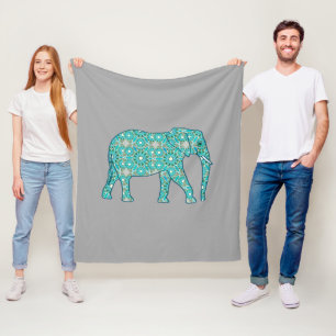 Fractal swirl elephant, turquoise, grey & white fleece blanket