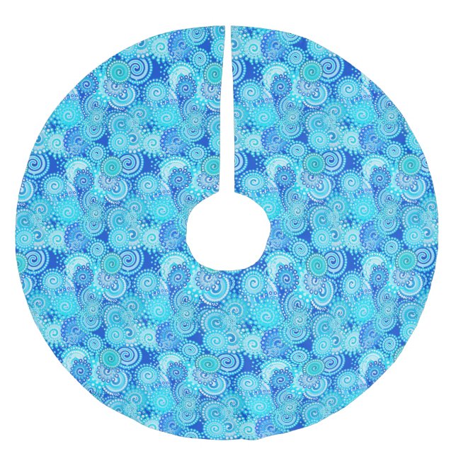 Fractal swirl pattern, cobalt blue brushed polyester tree skirt (Front)