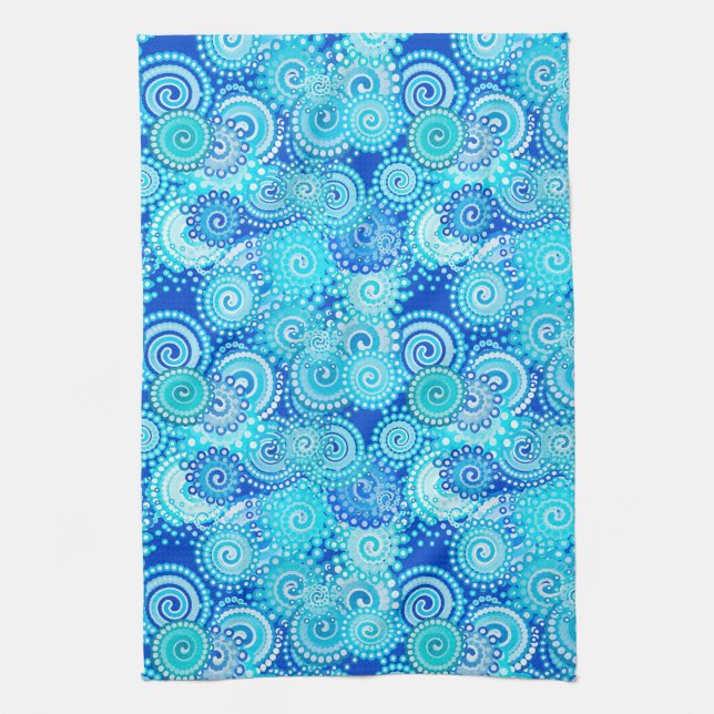Fractal swirl pattern, cobalt blue tea towel (Vertical)