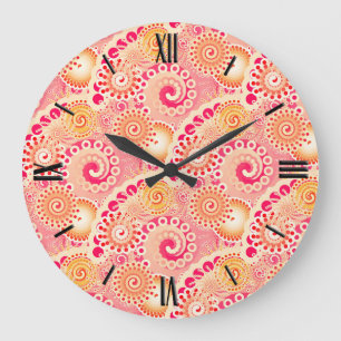 Fractal swirl pattern, coral, peach large clock