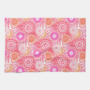Fractal swirl pattern, coral, pink and cream tea towel