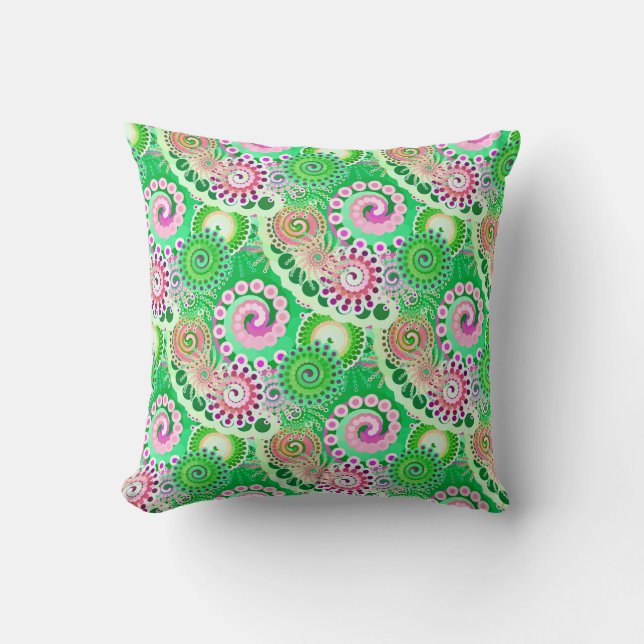 Fractal swirl pattern, green, pink, multi cushion (Front)