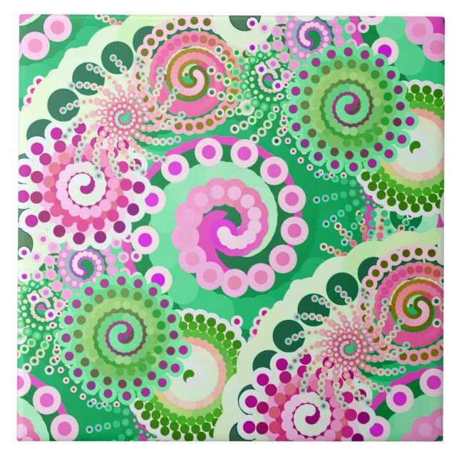 Fractal swirl pattern, green, pink, multi tile (Front)