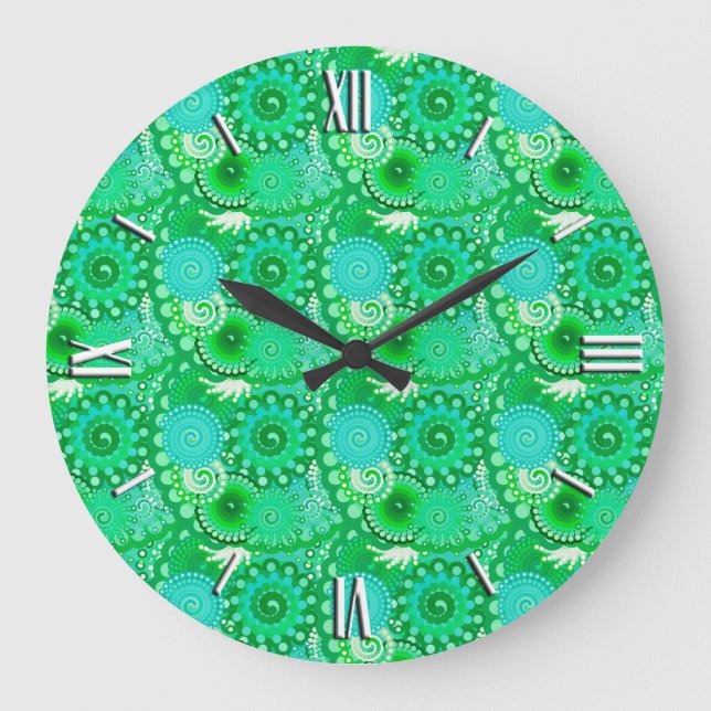 Fractal swirl pattern, jade, turquoise, aqua large clock (Front)