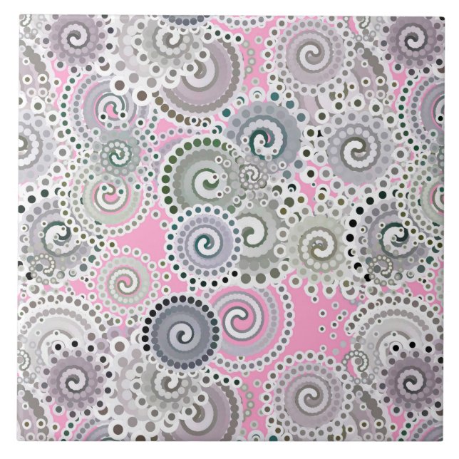 Fractal swirl pattern, pink and grey ceramic tile (Front)
