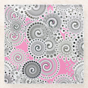 Fractal swirl pattern, pink and grey glass coaster