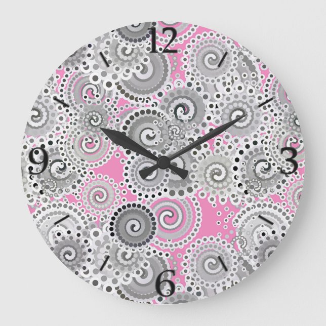 Fractal swirl pattern, pink and grey large clock (Front)