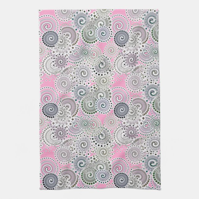 Fractal swirl pattern, pink and grey tea towel (Vertical)