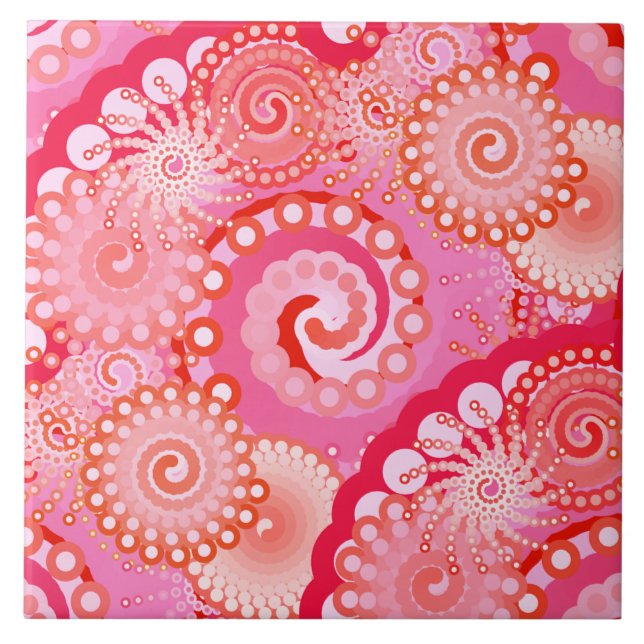 Fractal swirl pattern, pink, fuchsia, coral ceramic tile (Front)