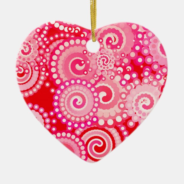 Fractal swirl pattern, red and hot pink ceramic tree decoration (Front)