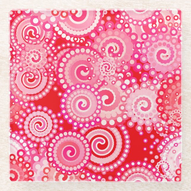Fractal swirl pattern, red and hot pink glass coaster (Front)