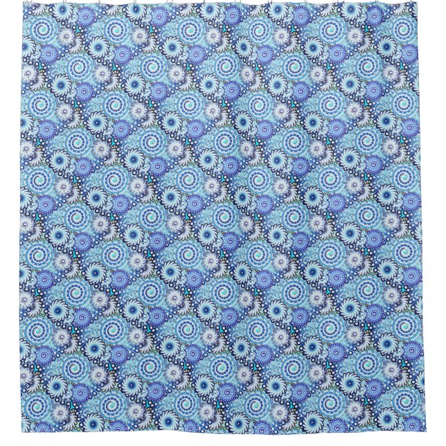 Fractal swirl pattern, shades of blue shower curtain (Front)