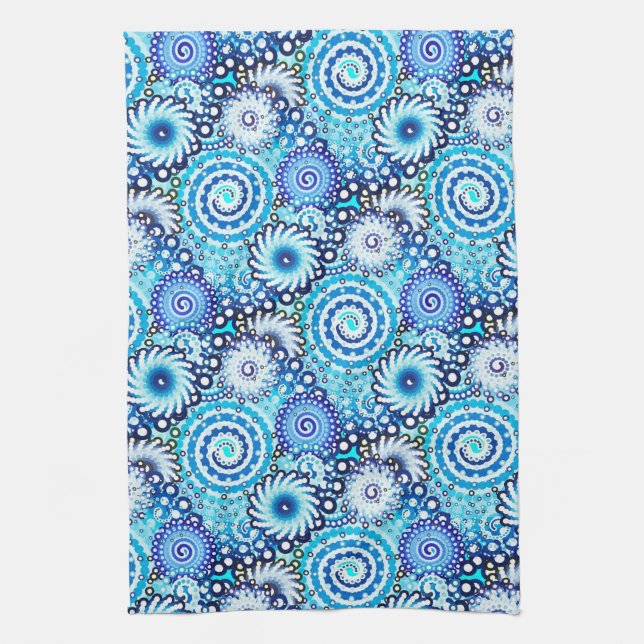 Fractal swirl pattern, shades of blue tea towel (Vertical)