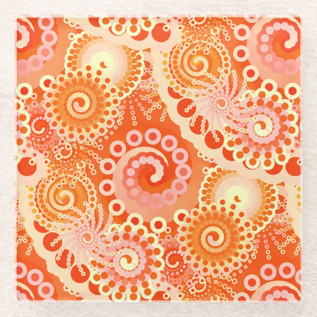 Fractal swirl pattern, shades of coral orange glass coaster (Front)