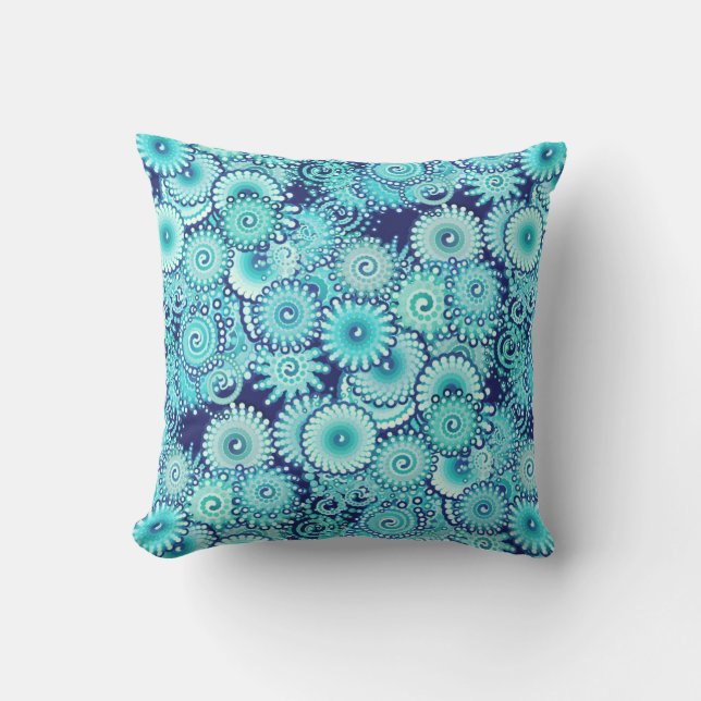 Fractal swirl pattern, shades of denim blue cushion (Front)