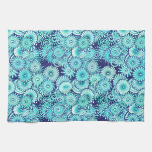 Fractal swirl pattern, shades of denim blue tea towel