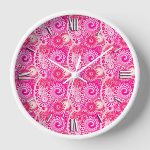 Fractal swirl pattern, shades of fuchsia pink clock