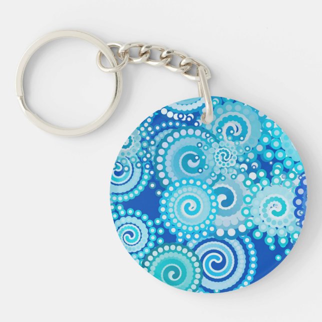 Fractal swirl pattern, shades of ocean blue key ring (Front)