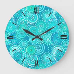 Fractal swirl pattern, shades of ocean blue large clock