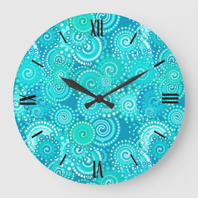 Fractal swirl pattern, shades of ocean blue large clock (Front)