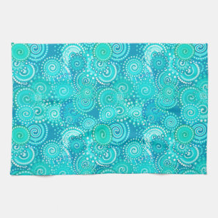 Fractal swirl pattern, shades of ocean blue tea towel