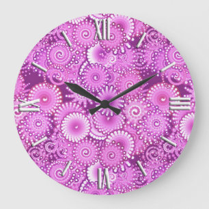 Fractal swirl pattern, shades of plum and violet large clock