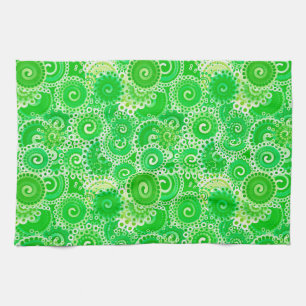 Fractal swirl pattern, shades of spring green tea towel