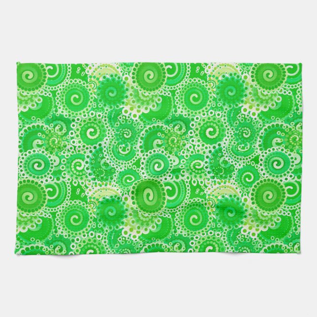 Fractal swirl pattern, shades of spring green tea towel (Horizontal)
