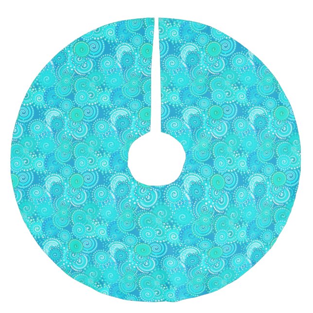 Fractal swirl pattern, shades of turquoise brushed polyester tree skirt (Front)
