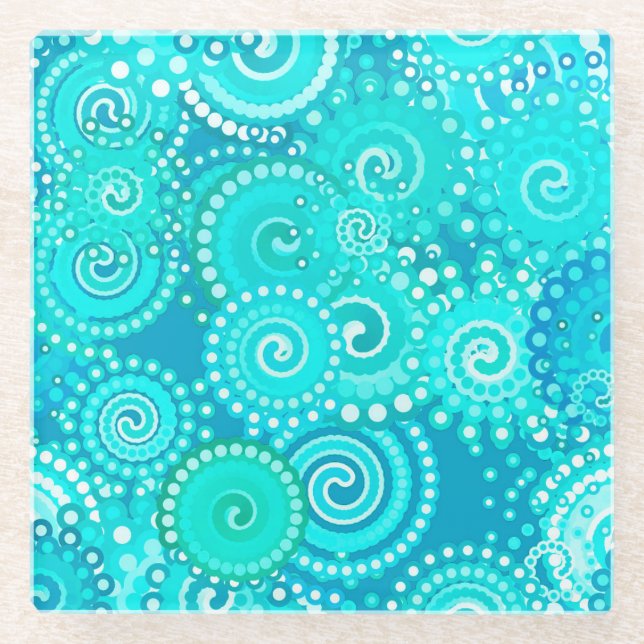 Fractal swirl pattern, shades of turquoise glass coaster (Front)