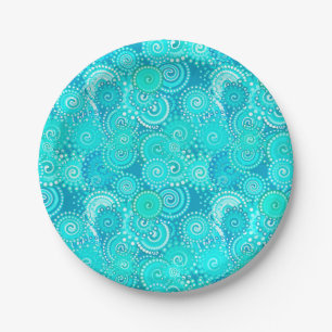 Fractal swirl pattern, shades of turquoise paper plate