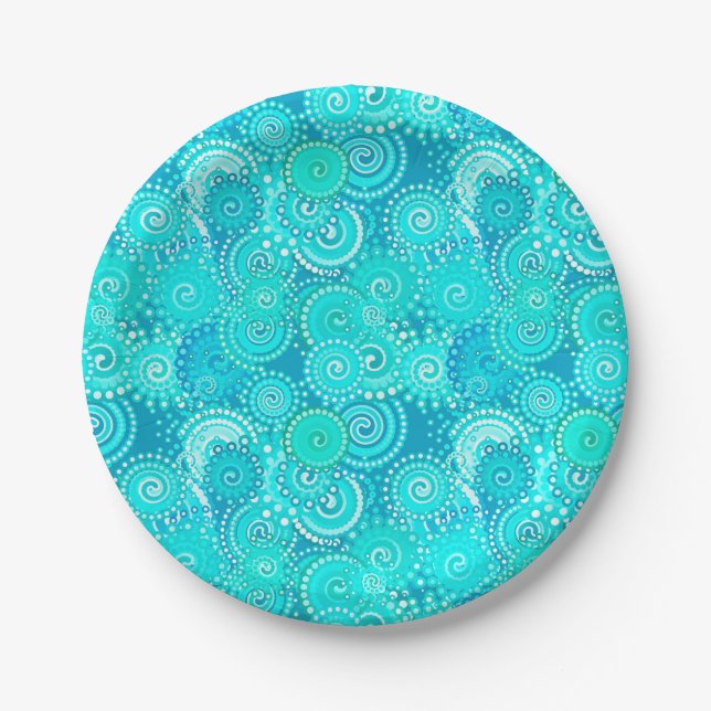 Fractal swirl pattern, shades of turquoise paper plate (Front)