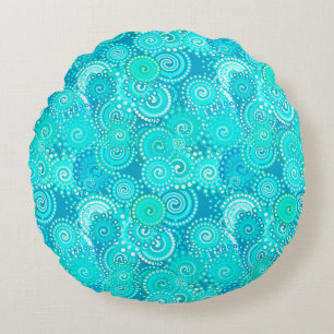Fractal swirl pattern, shades of turquoise round cushion