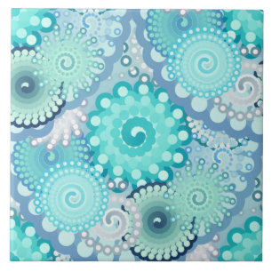 Fractal swirl pattern, turquoise, green, blue tile