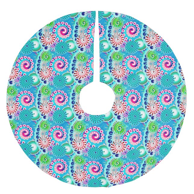 Fractal swirl pattern, turquoise, pink, multi brushed polyester tree skirt (Front)