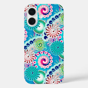 Fractal swirl pattern, turquoise, pink, multi iPhone 16 case